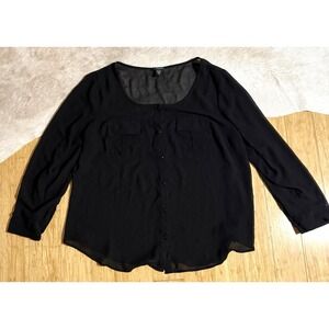 Torrid Womens Size 2XL Black Sheer Long‎ Sleeve Button Up Round Neck Tunic Top